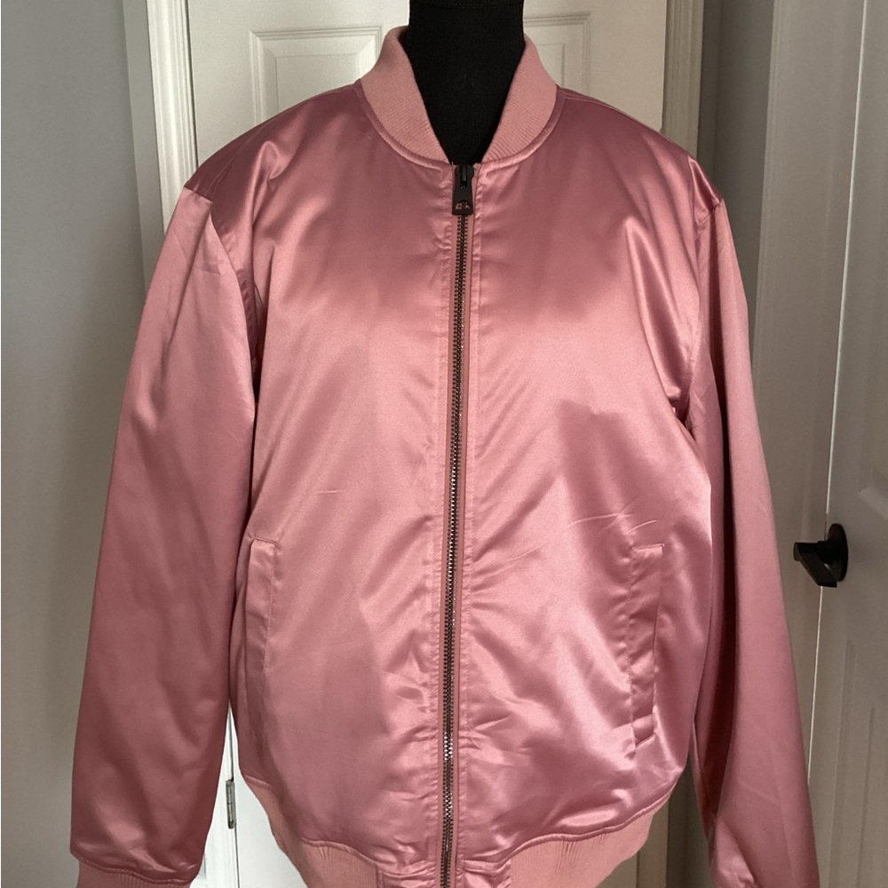 Guess Satin Bomber Jacket in Dusty Pink